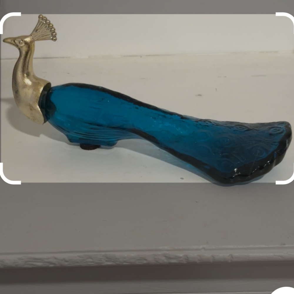 Peacock Perfume Bottle Blue Glass & Gold Tone Plastic Top Vintage Avon